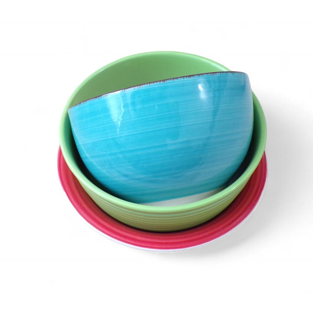 (3) Royal Norfolk Bowls Glazed Stoneware Small Green Rib Red Swirl Turquoise - Picture 3 of 7